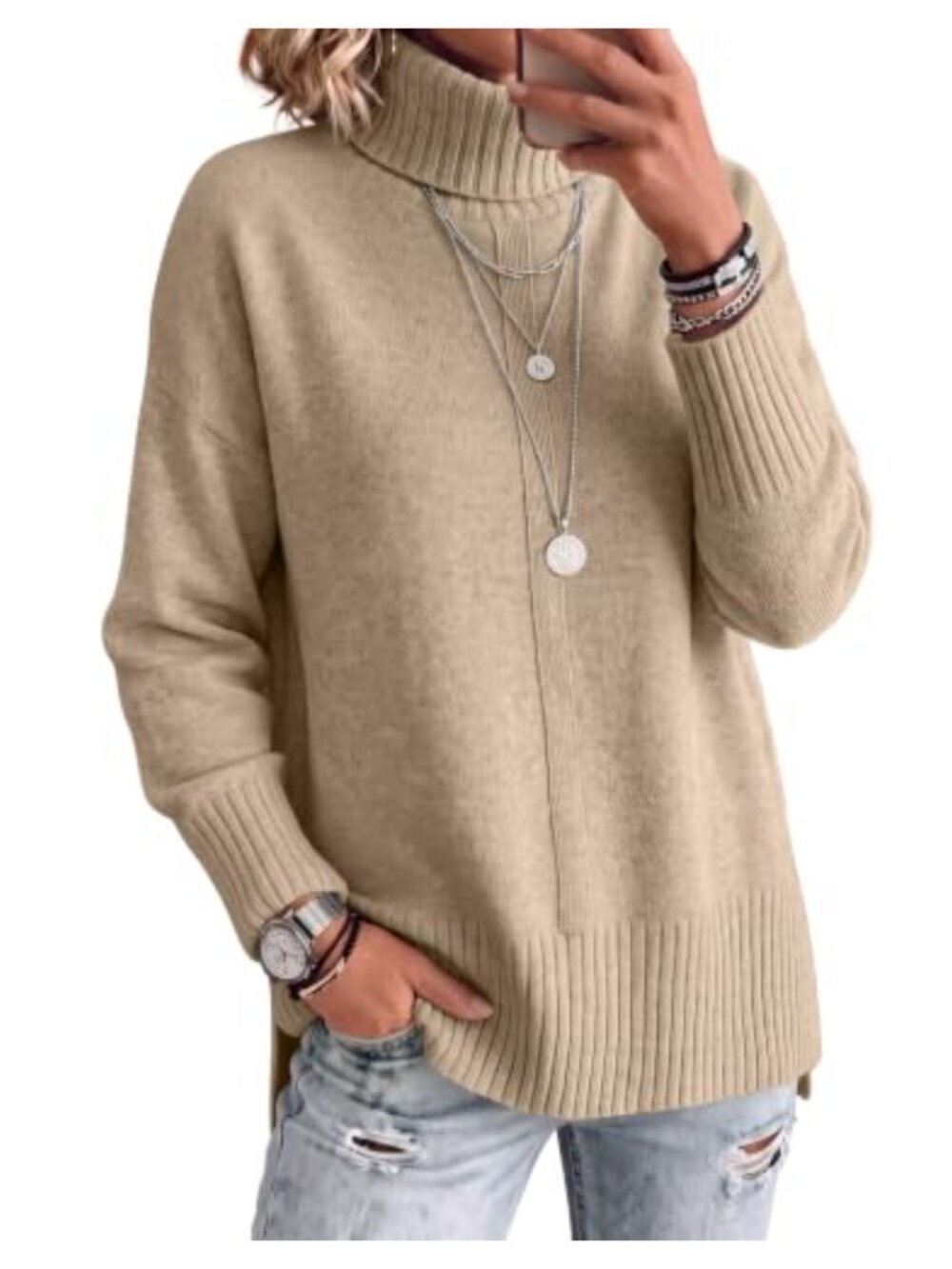 Oversized Turtleneck Tunic Sweater Batwing Sleeve Pullover